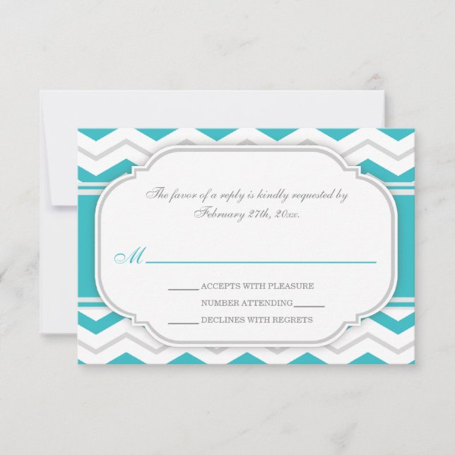 Gray Turquoise Chevron Wedding Reception RSVP Card (Front)