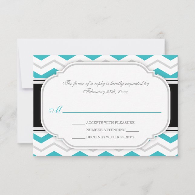 Gray Turquoise Chevron Wedding Reception RSVP Card (Front)