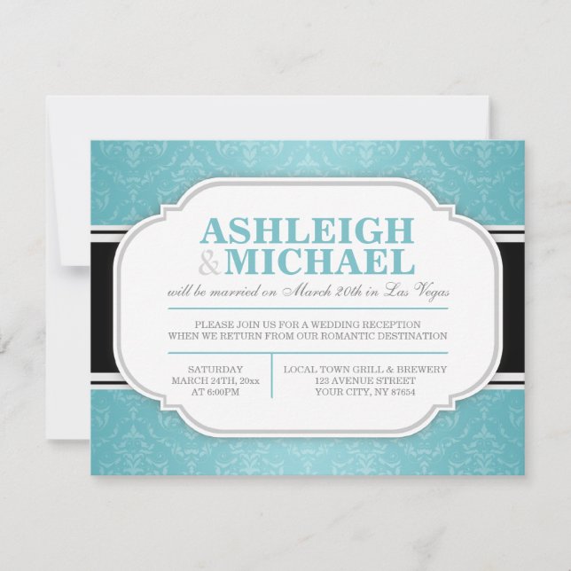Gray & Turquoise Damask Wedding Reception ONLY Invitation (Front)