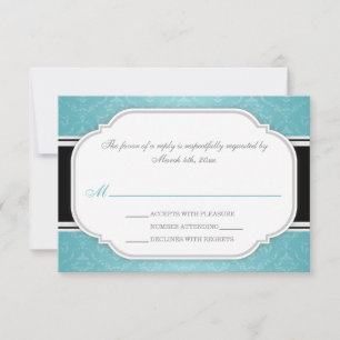 Gray Turquoise Damask Wedding Reception RSVP Cards