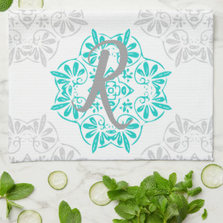 Gray Turquoise Modern Kaleidoscope Damask Pattern Kitchen Towel