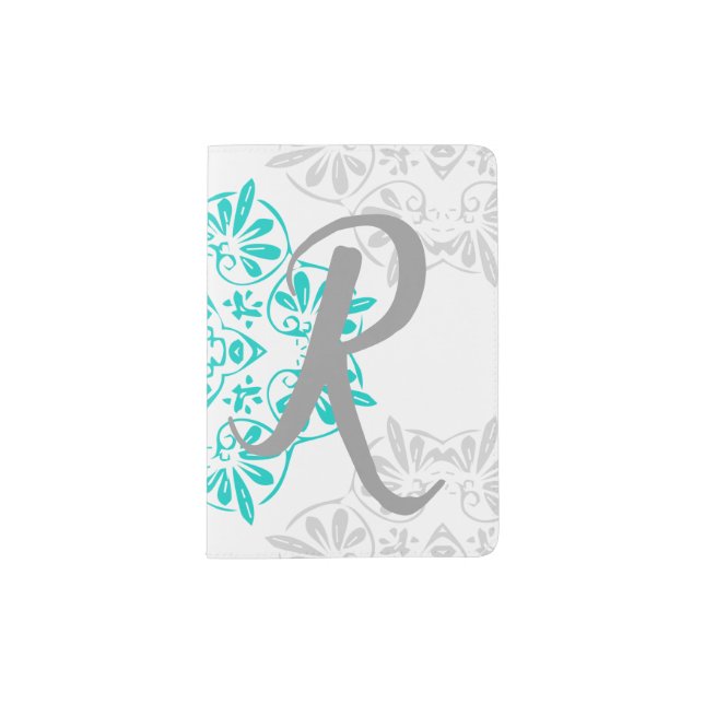 Gray Turquoise Modern Kaleidoscope Damask Pattern Passport Holder (Front)