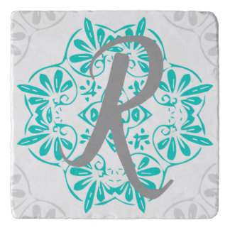 Gray Turquoise Modern Kaleidoscope Damask Pattern Trivet