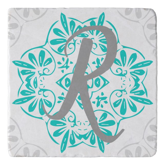 Gray Turquoise Modern Kaleidoscope Damask Pattern Trivet (Front)