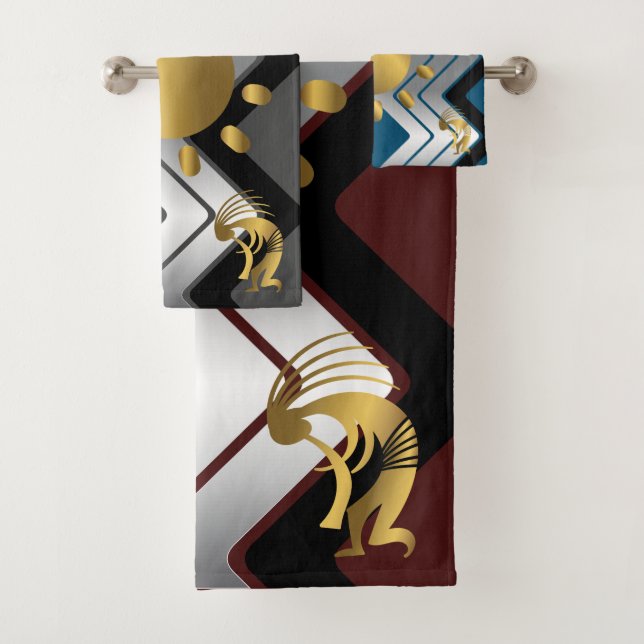Gray Turquoise Southwestern Gold Kokopelli Bath Towel Set (Insitu)