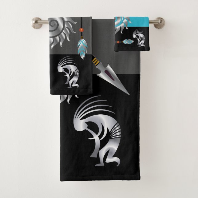 Gray Turquoise Southwestern Kokopelli Bath Towel Set (Insitu)