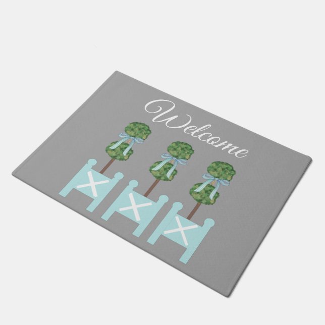 Gray Turquoise  Topiary Birds Doormat Rug (Angled)