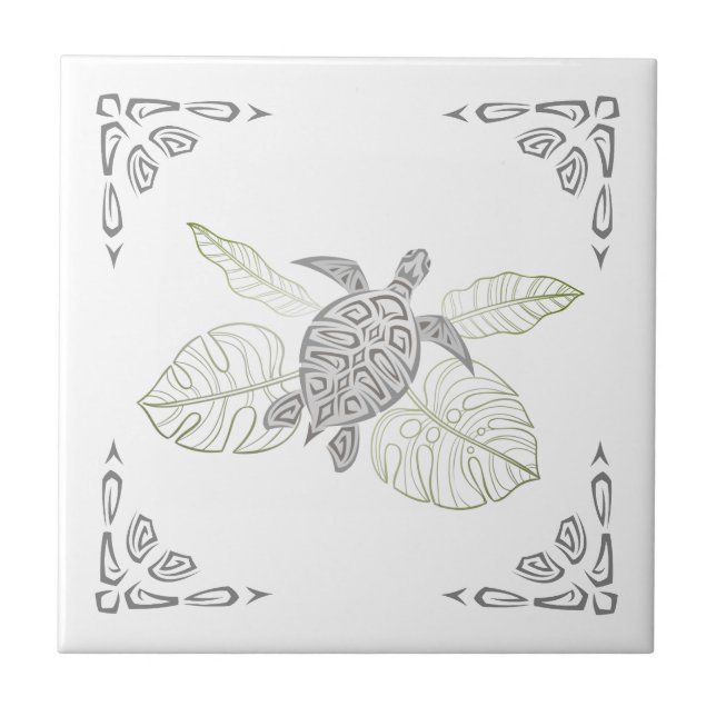 Gray Turtle And Ornament Tropical Ceramic Tile (Front)