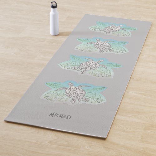 Gray Turtles Green Tropical Leaves Beach Yoga Mat