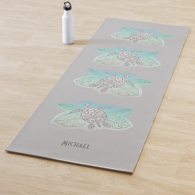 Gray Turtles Green Tropical Leaves Beach Yoga Mat (In Situ)