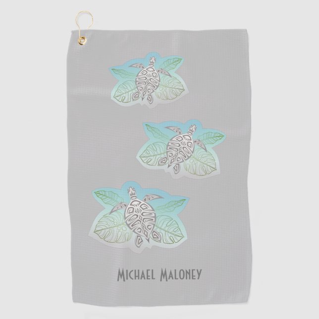 Gray Turtles Green Tropical Leaves Coastal Golf Towel (Front)