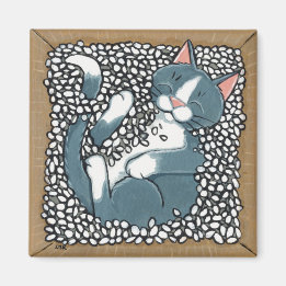 Gray Tuxedo Cat Sleeping in Box of Packing Peanuts Magnet