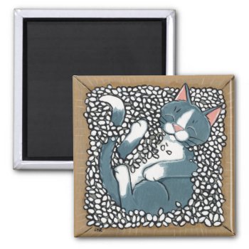 Gray Tuxedo Cat Sleeping In Box Of Packing Peanuts Magnet by LisaMarieArt at Zazzle