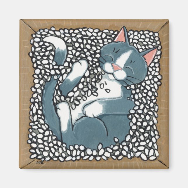 Gray Tuxedo Cat Sleeping in Box of Packing Peanuts Magnet (Front)