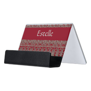 Gray Victorian decorative pattern maroon Desk Business Card Holder