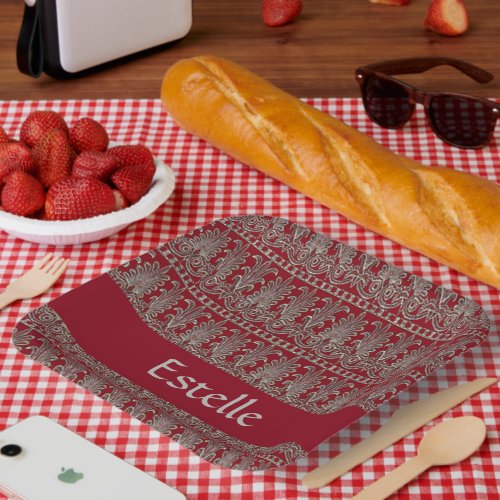 Gray Victorian decorative pattern maroon Paper Plates