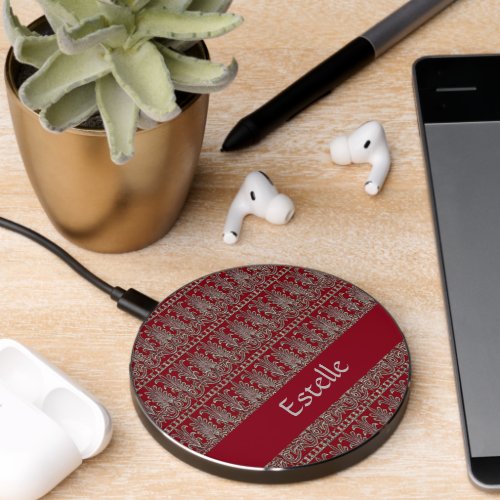 Gray Victorian decorative pattern maroon Wireless Charger
