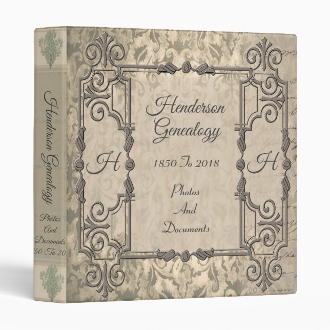 Gray Victorian Monogram Family Tree Genealogy 3 Ring Binder (Front/Spine)