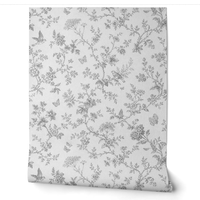 Gray Vintage Botanical Pattern with Songbirds Wallpaper