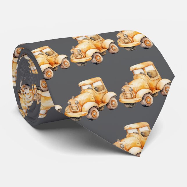 Gray Vintage Child's Car Toy Pattern Neck Tie (Rolled)