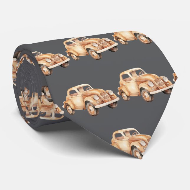 Gray Vintage Child's Car Toy Pattern Neck Tie (Rolled)