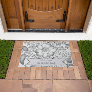 Gray Vintage Chinoiserie Floral Personalized Doormat