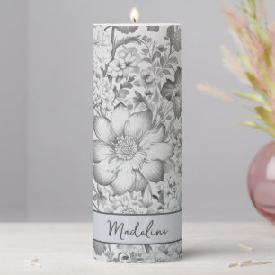 Gray Vintage Chinoiserie Floral Pillar Candle