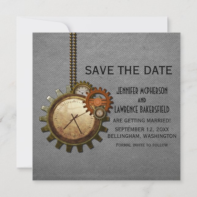 Gray Vintage Clock Save the Date Invite (Front)
