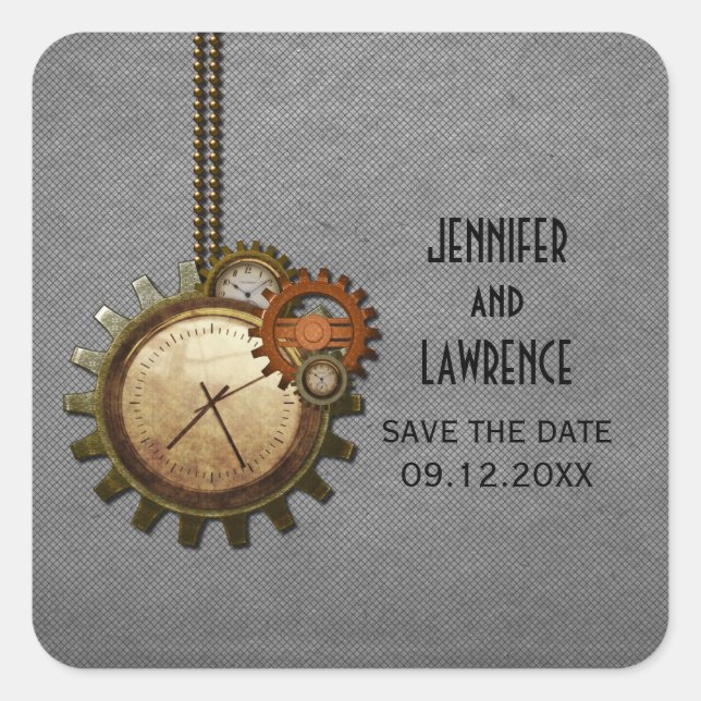 Gray Vintage Clock Save the Date Stickers (Front)