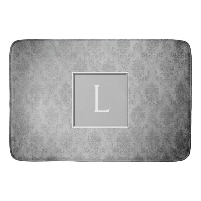 Gray Vintage Damask Monogram Bath Mat (Front)