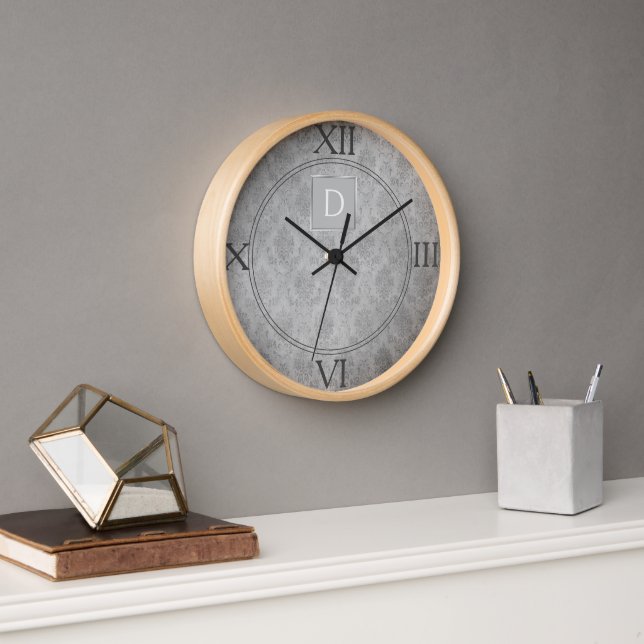 Gray Vintage Damask Monogram Clock (Office)