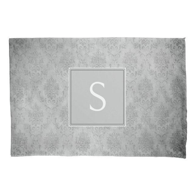 Gray Vintage Damask Monogram Pillowcase (Front)