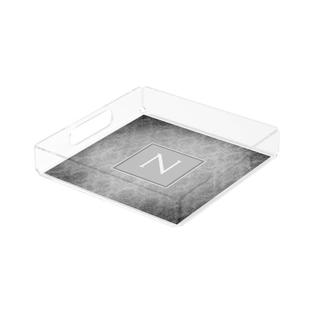 Gray Vintage Damask Monogram Vanity Tray (Angled)