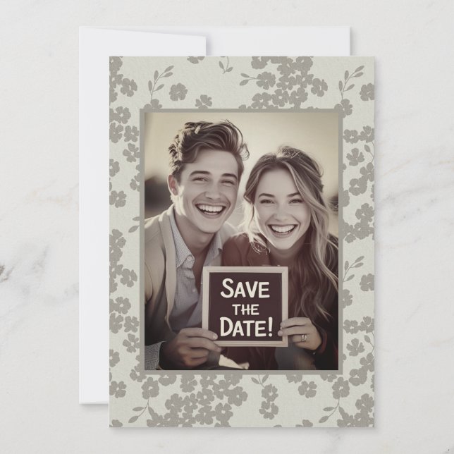 Gray Vintage Floral Wedding Save the Date Neutral (Back)