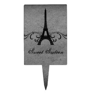 Gray Vintage French Flourish Sweet 16 Cake Pick