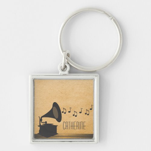 Gray Vintage Gramophone Premium Keychain