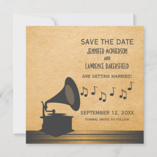 Gray Vintage Gramophone Save the Date Invite