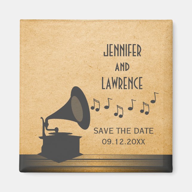 Gray Vintage Gramophone Save the Date Magnet (Front)