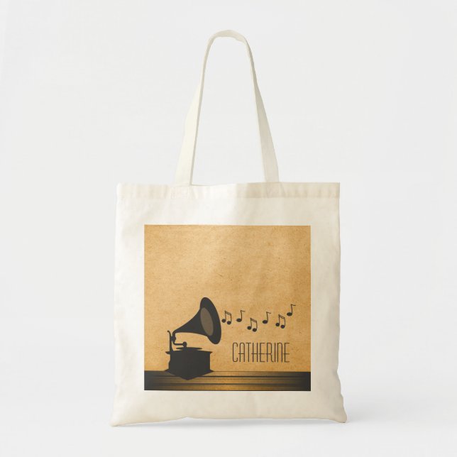 Gray Vintage Gramophone Tote Bag (Front)