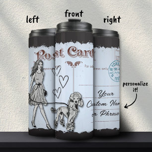 Gray Vintage Postcard Shopping Woman Poodle Love Thermal Tumbler