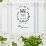 Gray Vintage Style French Sack with Custom Name Kitchen Towel<br><div class="desc">Vintage French etched graphics and pale gray ticking tape stripes are the perfect addition to your French country kitchen decor on this waffle knit custom towel. Don't forget the finishing touch of personalization with your monogram and family name.</div>