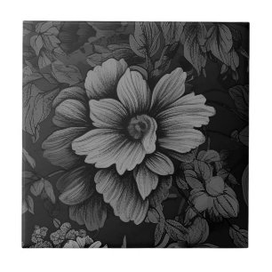  Gray Vintage Unfurling Flower Ceramic Tile
