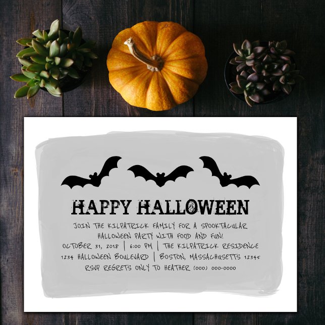 Gray Watercolor Bats Halloween Party Invite (Gray Watercolor Bats Halloween Party Invite)