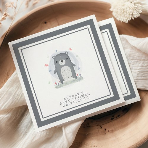 Gray Watercolor Bear Baby Shower Napkins