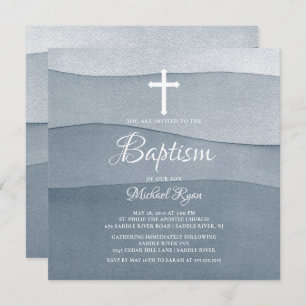 Gray Watercolor Boys Baptism Invitation