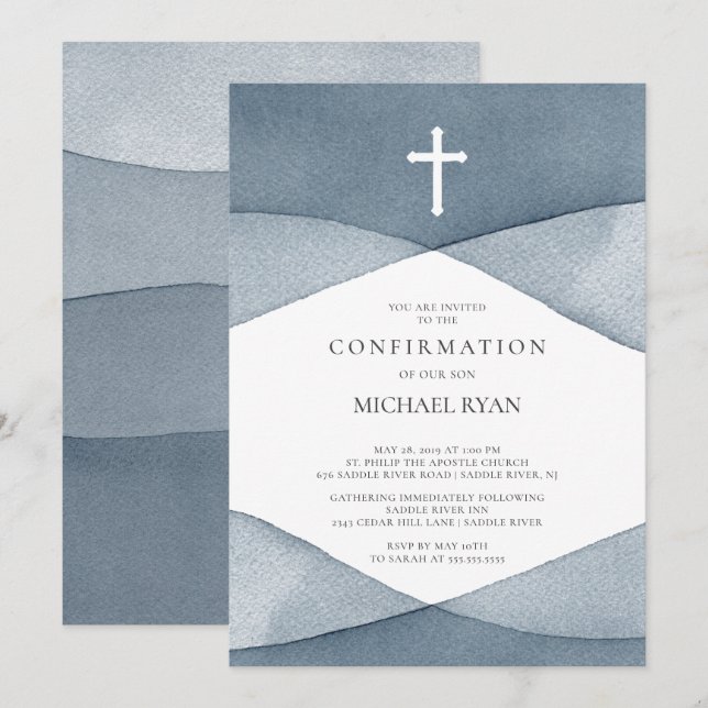 Gray Watercolor Boys Confirmation Invitation (Front/Back)