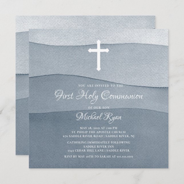 Gray Watercolor Boys First Holy Communion Invitation (Front/Back)