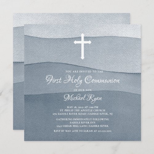 Gray Watercolor Boys First Holy Communion Invitation