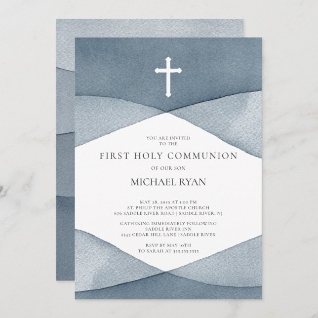 Gray Watercolor Boys First Holy Communion Invitation (Front/Back)