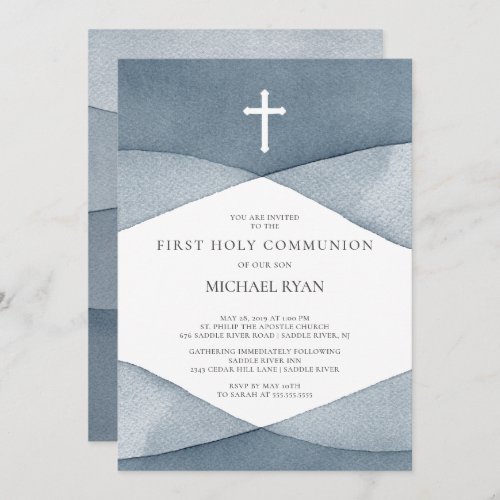 Gray Watercolor Boys First Holy Communion Invitation